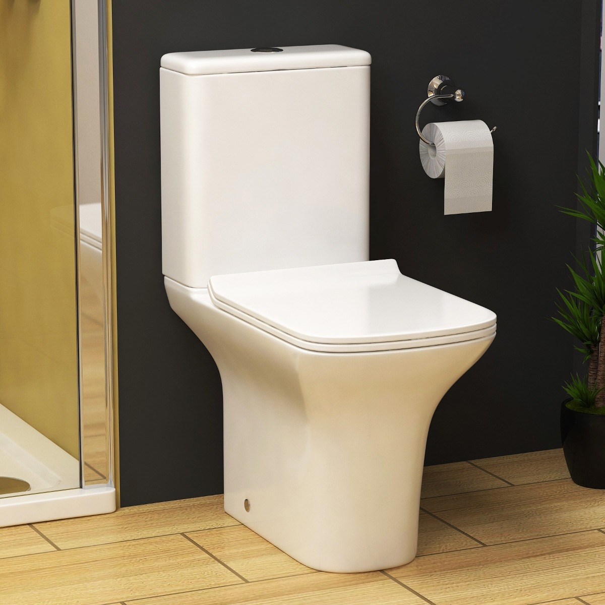 Square Close Coupled Toilet Pan Ceramic White with WC Dual Flush Cistern & Quick Release Seat