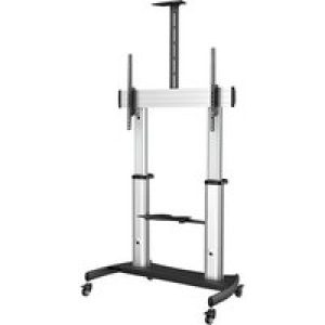 StarTech.com Mobile TV Stand, Heavy Duty TV Cart for 60-100" Display (100kg/220lb), Height Adjustable Rolling Flat Screen Floor Standing on Wheels, Universal Television Mount w/Shelves - W/ 2 equipment shelves cart - for flat panel - black, silver